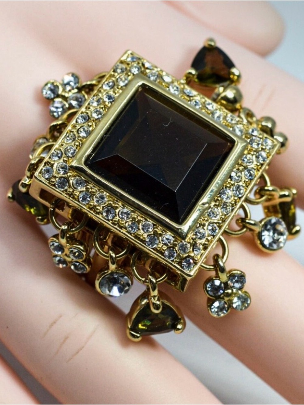 Gold Tone Statement Ring with Smoky Center Stone and Clear Crystals - Picture 1 of 1